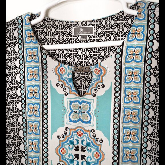 Fluttery JM COLLECTION XL Aqua, Turquoise & Black Batwing Sleeve Stretch Blouse - Picture 3 of 5